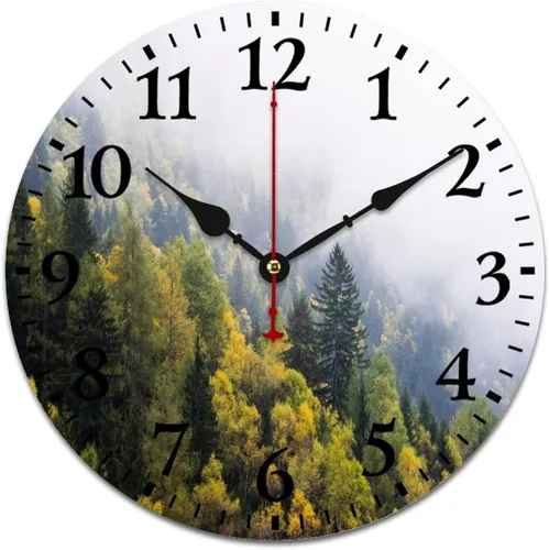 Vista 16 de Generic Reloj de pared de madera, bosque brumoso, redondo, retro, 10 pulgadas, movimiento de cuarzo con pilas Estampado