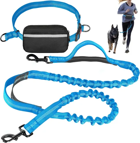 Vista 8 de Correa de perro manos libres con cinturón – Bungee sin tirones, asas acolchadas dobles y bolsa con cremallera para correr, caminar y entrenar – Negro