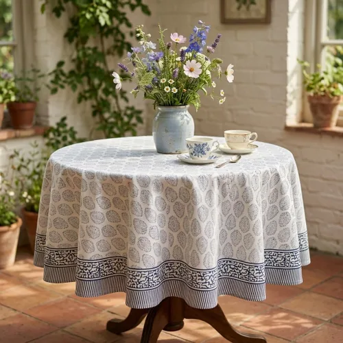 Vista 4 de ATOSII Amalfi - Mantel redondo de verano 100% algodón, estampado en bloques, para comedor, bodas, exteriores, fiestas, I Grand Millenial Farmhouse