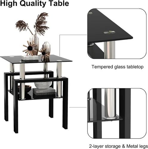 Vista 5 de Mesa auxiliar de vidrio moderna para sofá, mesa de centro pequeña, mesa de centro negra, mesa de sala de estar, mesita de noche cuadrada, muebles