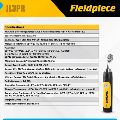 Vista 3 de Fieldpiece JL3PR Sonda de Presión Job Link con Registro de Datos Remoto