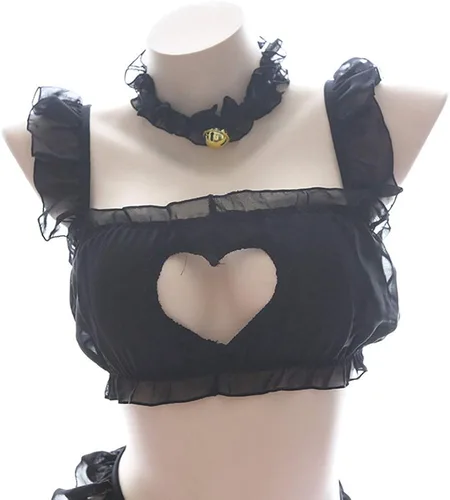 Vista 3 de JasmyGirls Conjunto de lencería sexy para mujer, talla grande, disfraz de bikini Kawaii Anime Cat Roleplay con corazón hueco Lolita