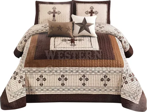 Vista 4 de Western Collection Edredón de lujo con cojines para el hogar, 5 piezas, estrellas occidentales y caballos, vaquero, colcha de gran