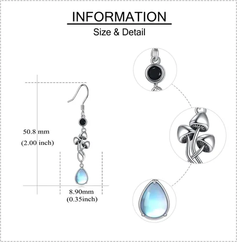 Vista 6 de YAFEINI Joyería de hongos de plata de ley 925 con piedra lunar, aretes colgantes de hongos, regalos de hongos para mujeres y niñas, Piedra lunar