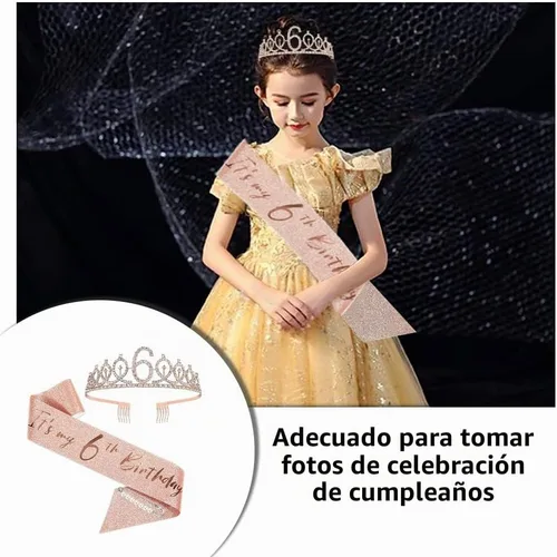 Vista 8 de Juego de banda y tiara de 6º cumpleaños, corona de banda de cumpleaños de oro rosa, suministros para fiesta de cumpleaños