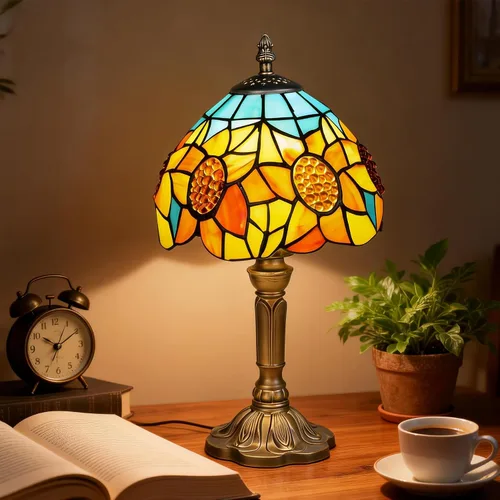 Vista 16 de Lámpara de mesa pequeña estilo Tiffany, lámpara de vidrio teñido antiguo de 5 pulgadas, lámpara de mesa de noche para escritorio, para dormitorio