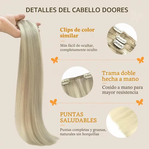 Vista 3 de DOORES Extensiones de cabello humano real con pinzas, balayage, rubio