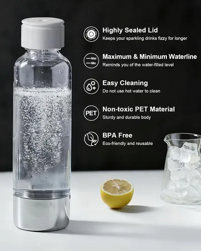 Vista 3 de MOKKOM Botella para hacer refrescos, botellas de agua con gas reutilizables de 1 litro, botellas de carbonatación PET sin BPA, botella de repuesto