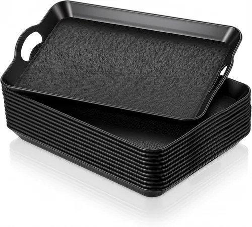 Vista 7 de 6 bandejas para servir con asas para comer, bandeja de plástico multiusos de 16 x 11 pulgadas, bandeja rectangular antideslizante decorativa
