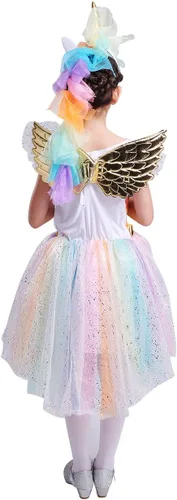 Vista 4 de Seasons DIRECT Disfraz de unicornio arcoíris para niña con ala y diadema