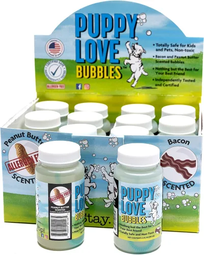 Vista 4 de Atomic Bubbles: Amor de Cachorro Burbujas: Paquete de 2 con Aroma a Tarta de Manzana - Botellas de 4oz, Juguetes Interactivos para Perros, Seguros
