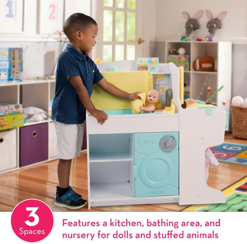 Vista 2 de Melissa & Doug Centro de actividades de cuidado de bebé Mine to Love para muñecas - Cocina, Guardería, Baño-Cambio