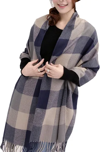 Vista 13 de Wander Agio Chal Largo de Moda para Mujer con Cuadrícula Grande, Bufanda Grande Cálida de Rejilla para Invierno Beige