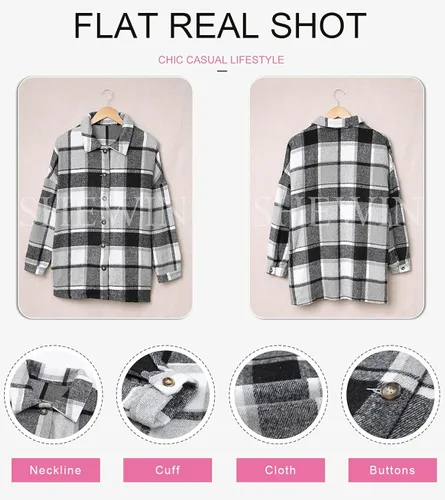 Vista 4 de SHEWIN - Camisas de franela, de manga larga, a cuadros, con solapa y botones para mujer