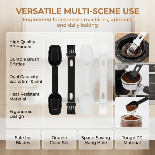 Vista 4 de Cuchara de café con cepillo para molinillo de espresso, 4 piezas, cepillo 2 en 1 para limpiar máquinas de café expreso y recoger polvo de té
