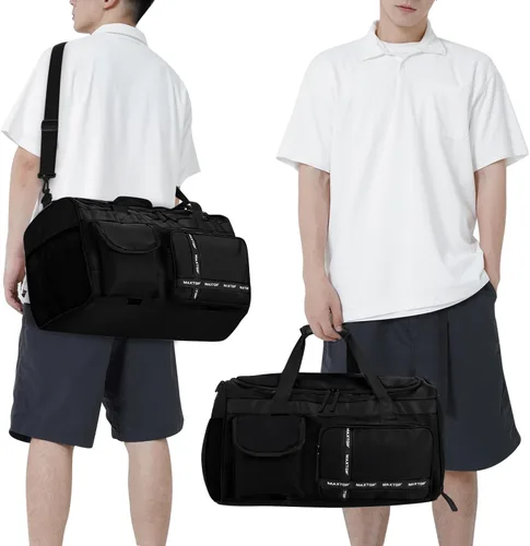 Vista 8 de MAXTOP Bolsa de gimnasio grande para hombres y mujeres con compartimento para zapatos, separación húmeda y seca, bolsa de lona negra para viajes