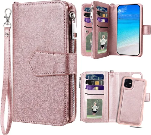 Vista 9 de Funda para iPhone 11, 2 en 1 magnética desmontable, funda de piel sintética con tarjetero para iPhone 11, color negro