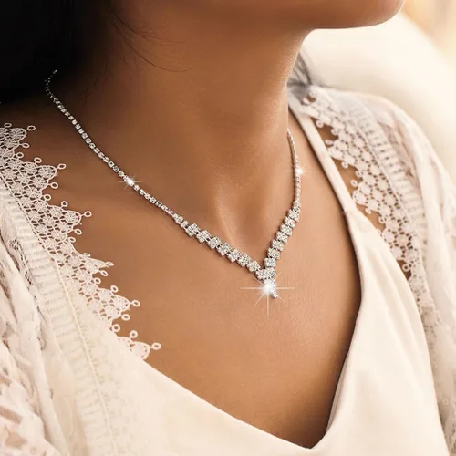 Vista 7 de JAKAWIN Rhinestone novia boda joyería conjunto plata cristal collar pendiente conjunto brillante joyería nupcial para las mujeres (paquete de 3)