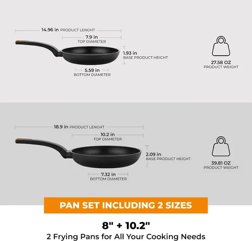 Vista 2 de BRA COOKWARE Efficient Pro - Juego de 2 sartenes antiadherentes Sartén de aluminio fundido de 8+10.2 pulgadas Sartenes de revestimiento