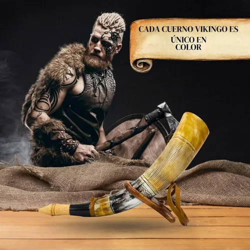 Vista 5 de Cuerno vikingo de soplado Trompeta de cuerno de buey genuina Herramienta de caza de cornetas vikingas con soporte de madera Ideal