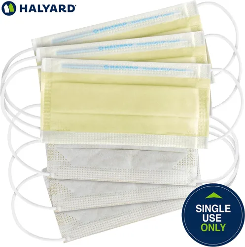 Vista 5 de HALYARD FLUIDSHIELD 1 Máscara desechable de procedimiento con forro tan suave y cintas elásticas para las orejas, amarillo, nivel 1, 25867