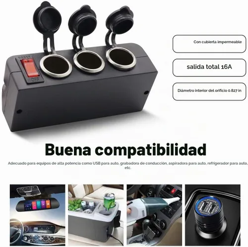 Vista 2 de Divisor de encendedor de cigarrillos de 3 enchufes, adaptador de toma de corriente de 12V con interruptores LED de encendido/apagado para automóvil
