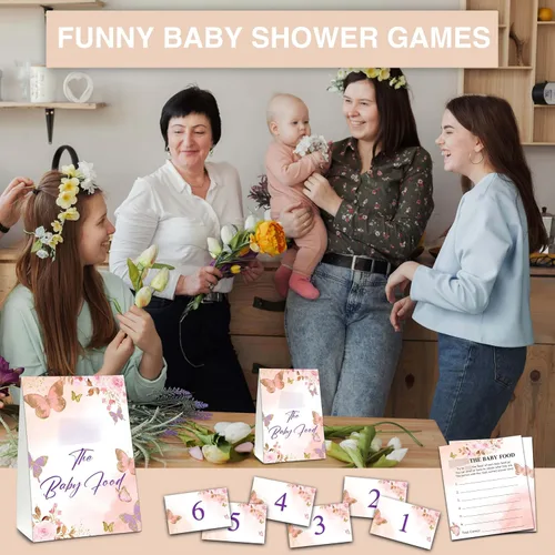 Vista 4 de Find The Baby Food Party Games, juego de mariposa para baby shower (1 letrero de pie + 20 tarjetas de respuesta + 6 tarjetas de números), color rosa
