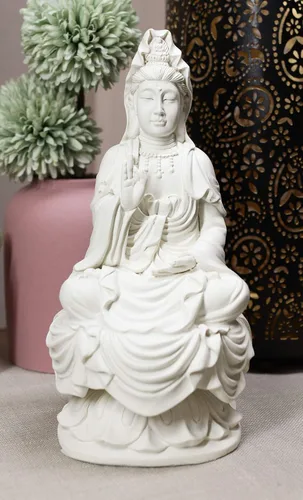 Vista 2 de Ebros Budismo Iluminación oriental Diosa del agua y la luna Kuan Yin meditando en el trono de loto, estatua de Buda decorativa religiosa de altar