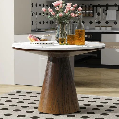 Vista 9 de WILLIAMSPACE Mesa de comedor de madera, mesa de cocina redonda extensible, mesa de comedor retro para 4 a 6, mesa de comedor rústica para comedor