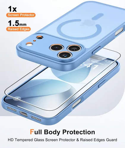 Vista 6 de FNTCASE for iPhone 17 Pro Case: Translucent Light Blue Slim Cases Compatible with MagSafe, Full Camera Protection & Tempered Glass Protector, 14FT