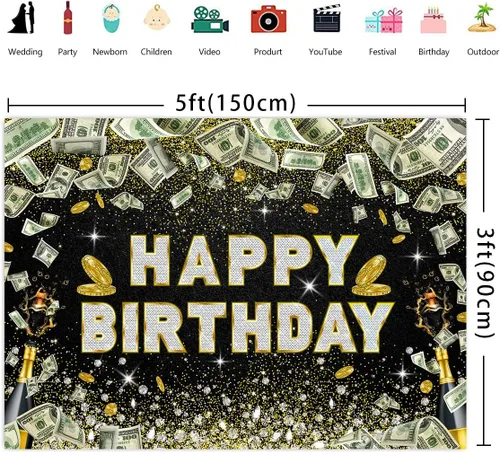 Vista 4 de Telón de fondo de cumpleaños de 5 x 3 pies, fondo de fiesta para niños y niñas, suministros para cabina de fotos