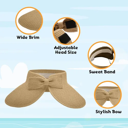 Vista 4 de Visera solar de paja para mujer, ala ancha, protección UPF 50+, sombrero de playa, ajustable, plegable, gorra de cola de caballo con correa