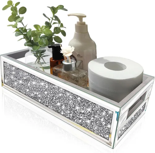 Vista 7 de Wocred Cesta de Baño Actualización de Tanque de Inodoro, Bandeja de Baño con Espejo de Diamante Triturado Montada en la Pared, Organizador