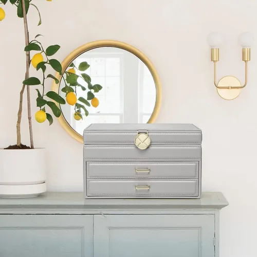 Vista 3 de Vlando Joyero para collares anillos aretes caja organizadora de joyas de espejo con cajones cajas grandes de joyería de 3 capas para mujeres y niñas