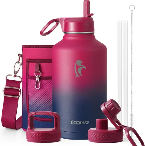 Vista 78 de Coolflask Botella de agua de 20 onzas aislada con pajilla, 3 tapas de metal de acero inoxidable, botella de agua de boca ancha para deportes u