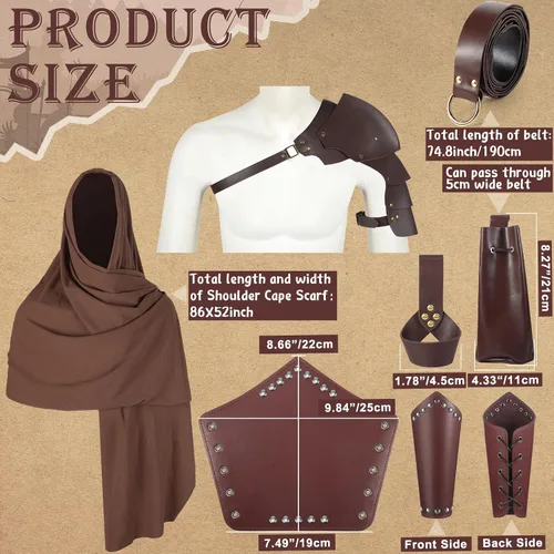 Vista 2 de 7 Pcs Men Halloween Medieval Costume Pirate Outfit Knight Accessories Shoulder Cape Scarf Leather Arm Guards