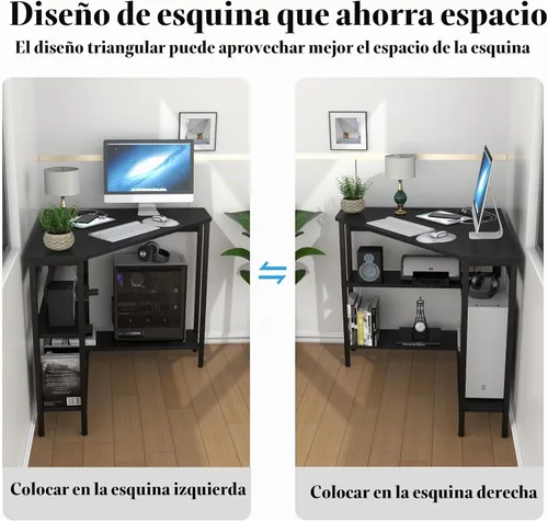 Vista 6 de Escritorio esquinero triangular con tomas de corriente, estantes de almacenamiento para espacio pequeño 90 Degree Corner Table with CPU Stand