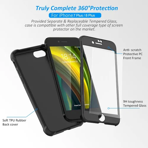 Vista 5 de ORETech Funda diseñada para iPhone 13 Mini con 2 protectores de pantalla de vidrio templado, textura de fibra de carbono policarbonato duro