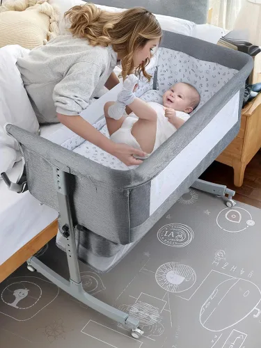 Vista 3 de 3-in-1 Baby Bassinet Bedside Sleeper, Foldable Portable Crib with Rocking Mode, Adjustable Height, Wheels, Storage Basket, Mattress and Mosquito Grey