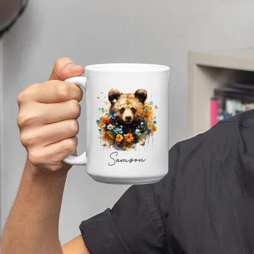 Vista 3 de Taza de café de oso – Regalo personalizado para amantes, taza de té de animales salvajes con flores, regalo de cerámica personalizado para amantes