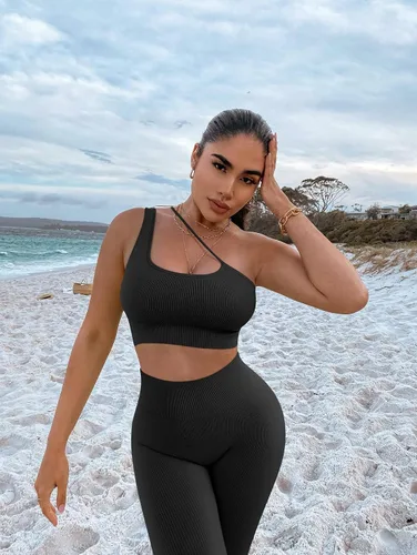Vista 3 de OQQ Conjuntos de entrenamiento de 4 piezas para mujer leggings acanalados de cintura alta con 3 piezas con brasier deportivo