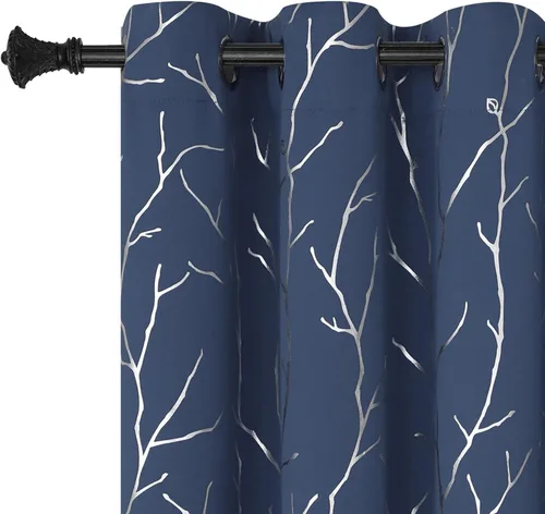 Vista 55 de BUHUA Cortinas pequeñas para ventana de 36 pulgadas de largo, 2 paneles, cortinas opacas con elegantes ramas de árbol plateadas, cortinas de bloqueo