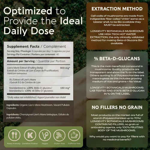Vista 7 de Longevity Botanicals Cápsulas orgánicas de hongo melena de león extracto suplemento 120ct Hericium Erinaceus cuerpo fructífero ≥20%