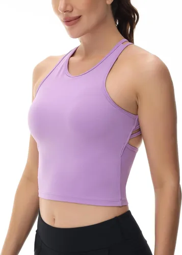 Vista 2 de romansong Longline - Sujetadores deportivos para mujer, cuello alto, tirantes delgados, espalda cruzada, brasier de yoga, entrenamiento, acolchado