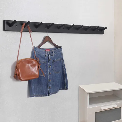 Vista 2 de SKOLOO - Perchero de pared de madera con 10 ganchos largos de bambú para colgar mochila, abrigo, toalla o sombrero, con 16 pulgadas de orificio a