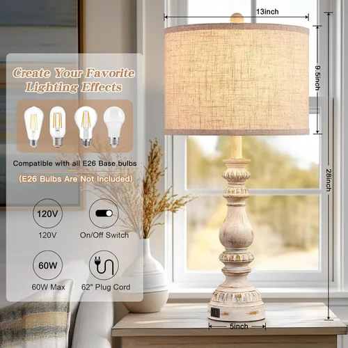 Vista 5 de Juego de 2 Lámparas de Mesita de Noche Estilo Granja para Dormitorio con Puertos USB A+C, Lámparas de Mesa Rústicas Vintage de 28" para Sala