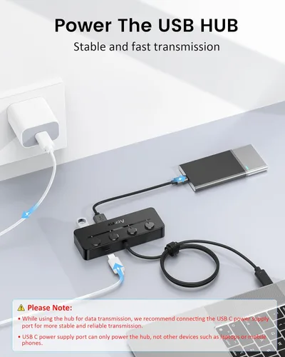 Vista 5 de Aceele Hub USB C, USB C a 4 puertos USB 3.0 Hub con puerto de alimentación tipo C e interruptores individuales de encendido/apagado, divisor USB C