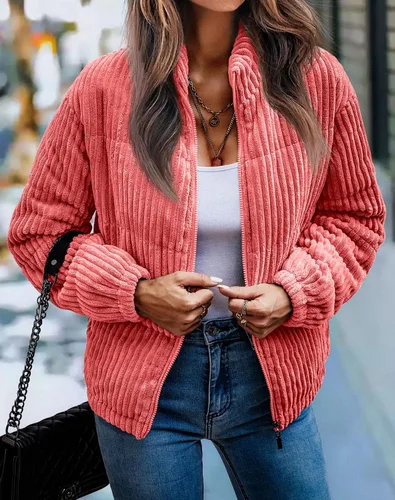 Vista 2 de Angashion Chaqueta bomber de pana acanalada acolchada con cremallera para mujer, abrigo de invierno de manga larga con bolsillos