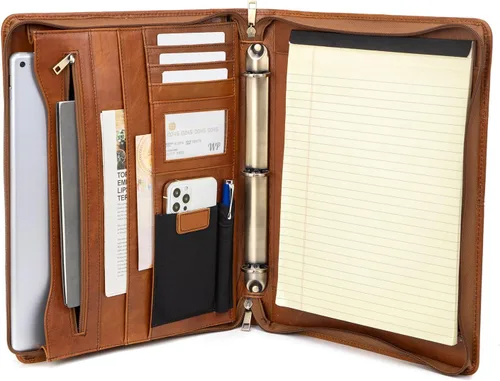 Vista 18 de Portafolio de cuero con carpeta de 3 anillas, padfolio de cuero vegano con cremallera, portafolio organizador profesional de negocios para regalo