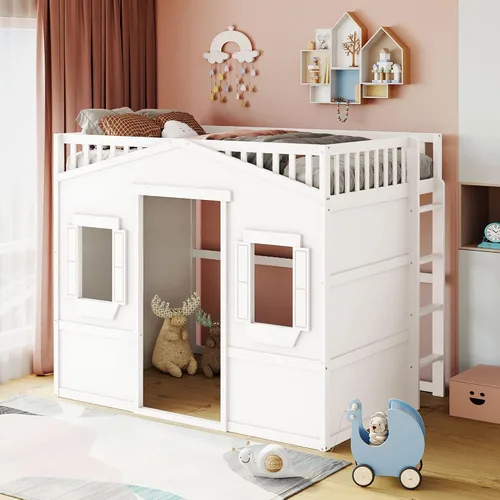 Vista 26 de Playhouse Wood Twin Size Loft Bed with Storage Staircase, Desk, Shelves